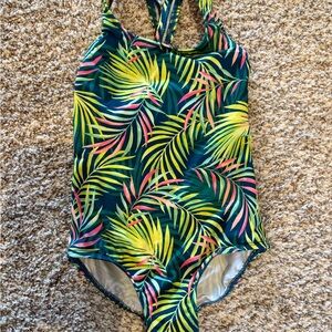 Lands' End Kids Tropical Leaf One Piece Swimsuit - Green and Yellow